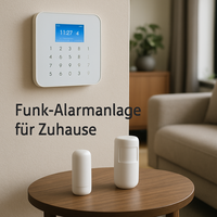 Moderne Funk-Alarmanlage Zentrale mit Sensoren in hellen Wohnraum