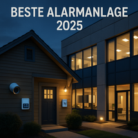 Einfamilienhaus und Bürogebäude mit Funk-Alarmanlage-Komponenten bei Dämmerung