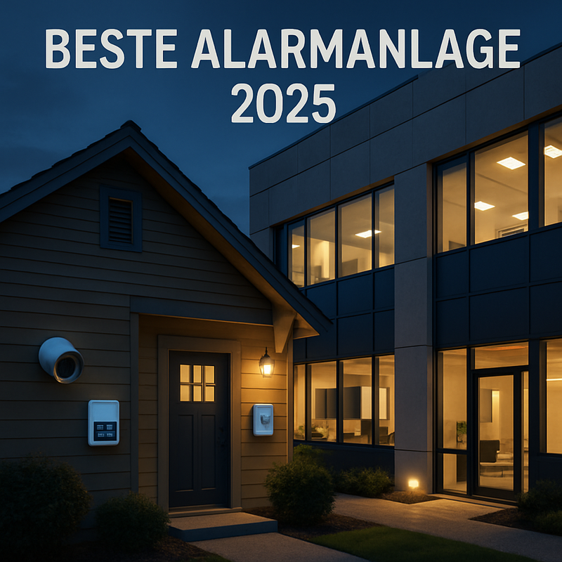Einfamilienhaus und Bürogebäude mit Funk-Alarmanlage-Komponenten bei Dämmerung