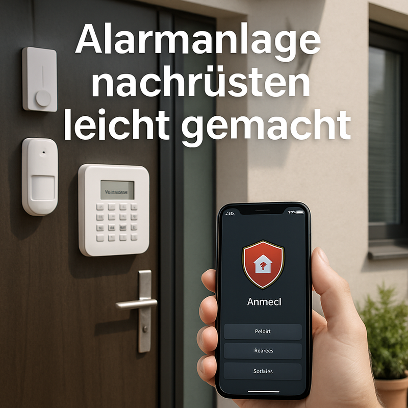 Realistisches Bild eines modernen Hauseingangs mit montierten Funk-Türsensoren und Smartphone-Steuer