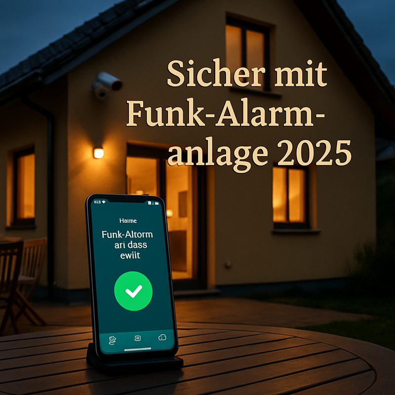 Fotorealistische Abendaufnahme eines Einfamilienhauses mit Smartphone und Anzeige 'Funk-Alarmanlage