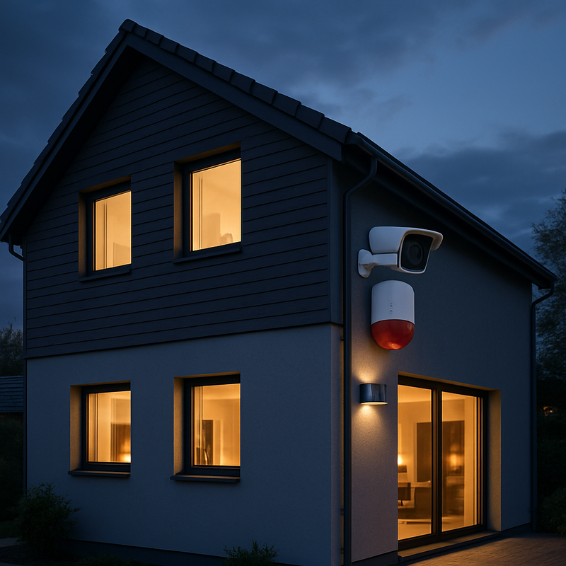 Dämmerungsbild Einfamilienhaus mit Funk-Alarmlage
