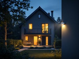 Modernes Einfamilienhaus mit smarten Überwachungskameras im Nachtsichtmodus