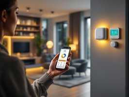Modernes Smart-Home-Wohnzimmer mit Alarmanlage und Smartphone-Steuerung