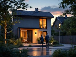 Fotorealistische Szene eines Einfamilienhauses mit KI-gestützten Überwachungskameras bei Abenddämmer
