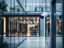 Moderne Videoüberwachungskameras an Unternehmensgebäude zum Einbruchschutz