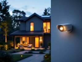 Moderne Videoüberwachungskamera an einem Smart Home bei Dämmerung