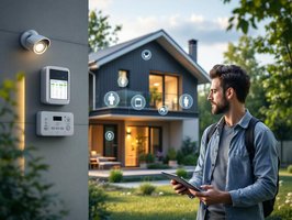 Modernes Haus mit digital vernetzter Alarmanlage und Tablet-Steuerung