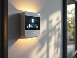 Foto eines modernen Hausflurs mit Alarmanlagen-Steuereinheit und Batterie-Backup-Modul