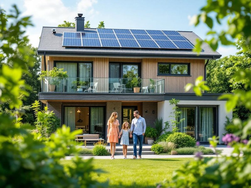 Modernes Smart Home mit nachhaltiger Alarmanlage und Solarkameras in natürlicher, einladender Umgebu