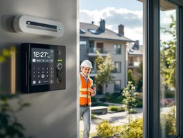 Professionelle Wartung einer modernen Alarmanlage durch Fachkraft in Wohnumgebung