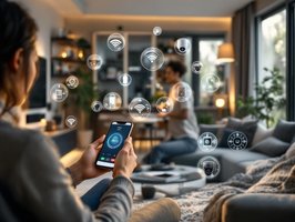 Modernes Wohnhaus mit vernetzter Alarmanlage und Videoüberwachung, Smartphone-Steuerung, realistisch